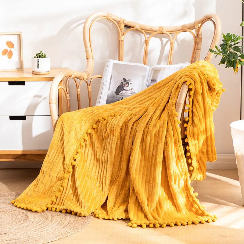 Flannel Throw Blanket with Pom Fringe and Soft Textured Design