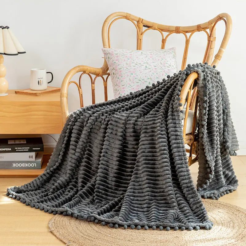 Flannel Throw Blanket with Pom Fringe and Soft Textured Design