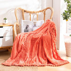 Flannel Throw Blanket with Pom Fringe and Soft Textured Design