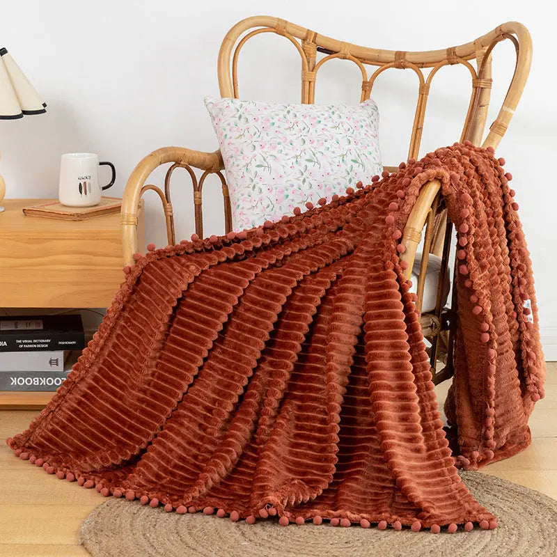 Flannel Throw Blanket with Pom Fringe and Soft Textured Design