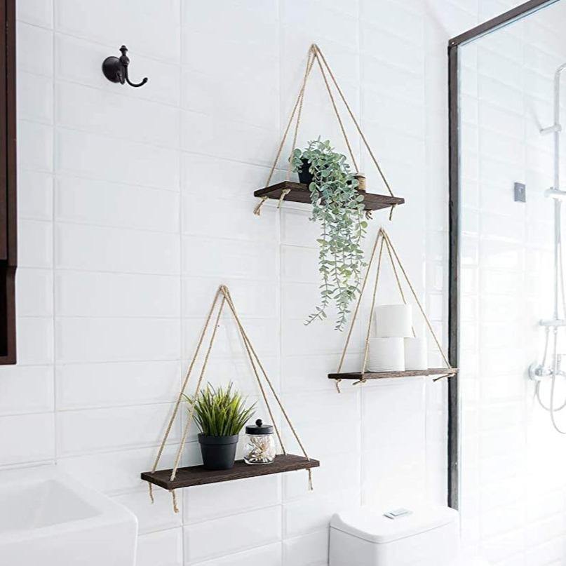 Rustic Wooden Hanging Shelf with Rope – Decorative Wall Swing Shelf