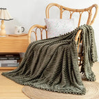 Flannel Throw Blanket with Pom Fringe and Soft Textured Design