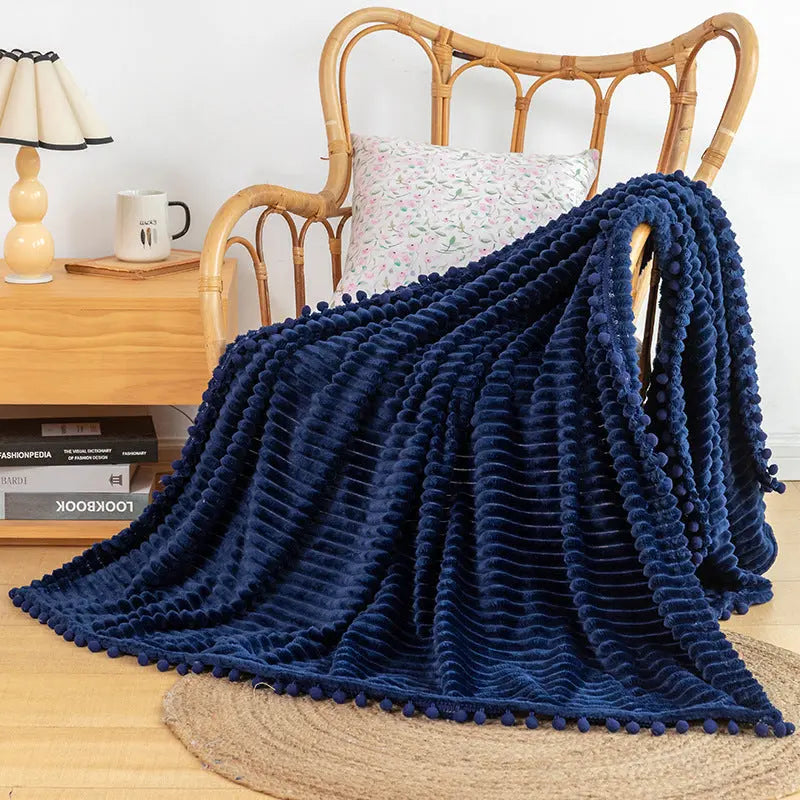 Flannel Throw Blanket with Pom Fringe and Soft Textured Design