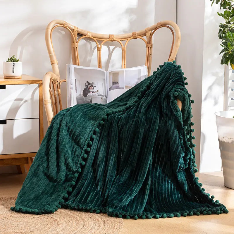 Flannel Throw Blanket with Pom Fringe and Soft Textured Design
