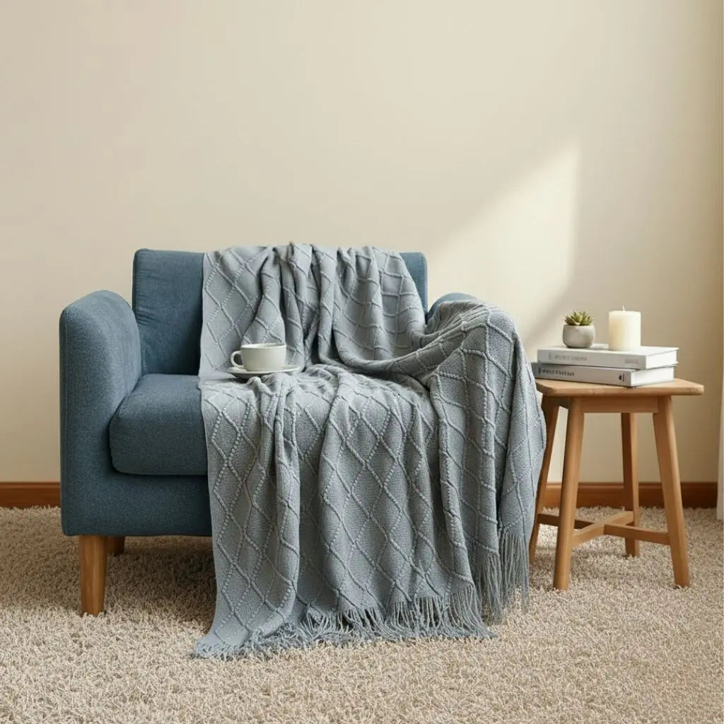 Knit Throw Blanket with Tassel Edges and Soft Textured Design