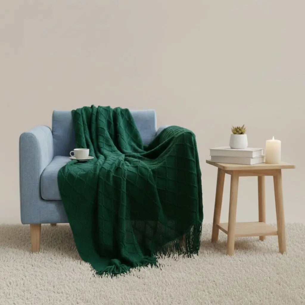 Knit Throw Blanket with Tassel Edges and Soft Textured Design
