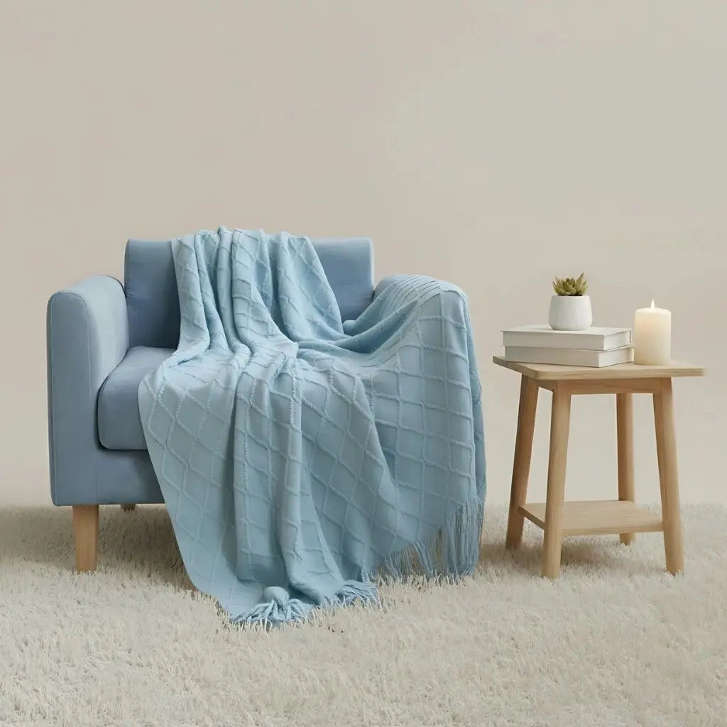 Knit Throw Blanket with Tassel Edges and Soft Textured Design