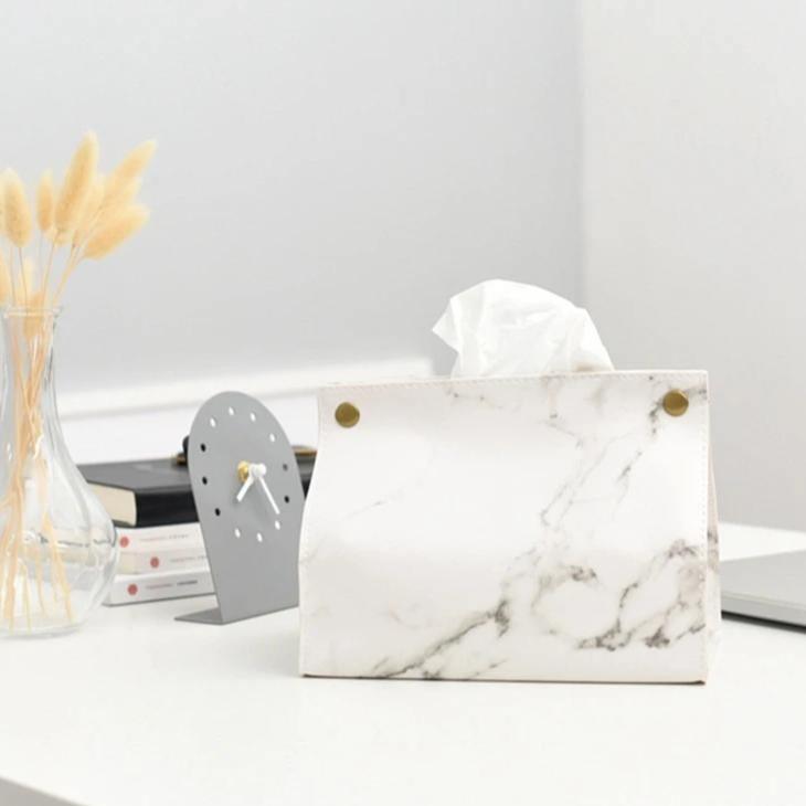 Marble Tissue Box Cover with Snap Closure for Bathroom and Car