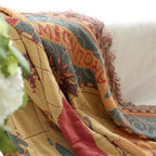 Vintage World Map Throw Blanket with Woven Cotton and Fringe Edges