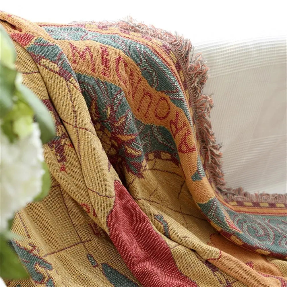 Vintage World Map Throw Blanket with Woven Cotton and Fringe Edges