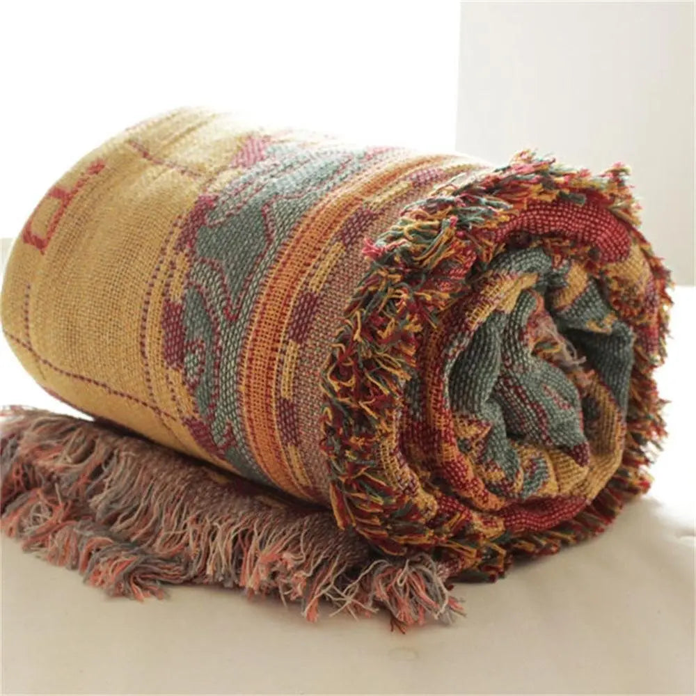 Vintage World Map Throw Blanket with Woven Cotton and Fringe Edges