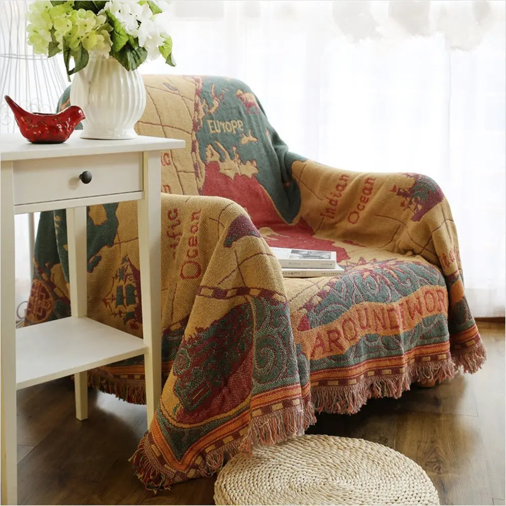 Vintage World Map Throw Blanket with Woven Cotton and Fringe Edges