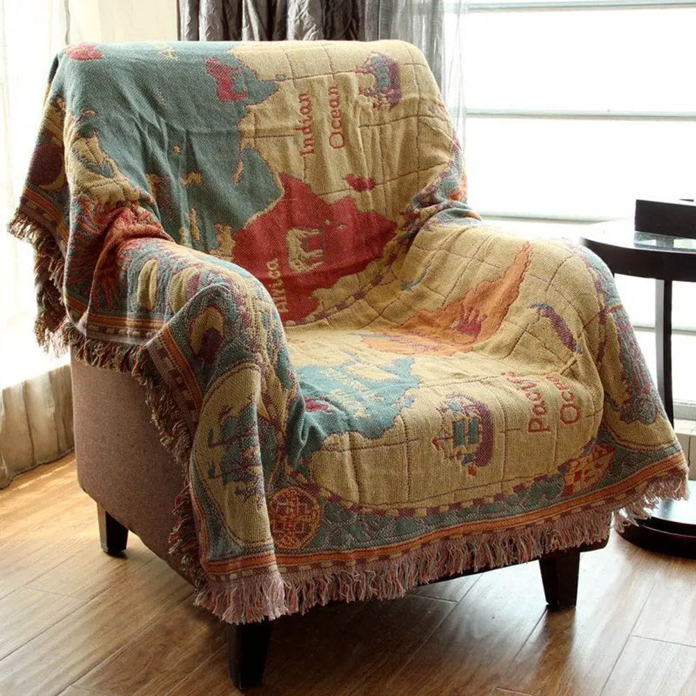 Vintage World Map Throw Blanket with Woven Cotton and Fringe Edges