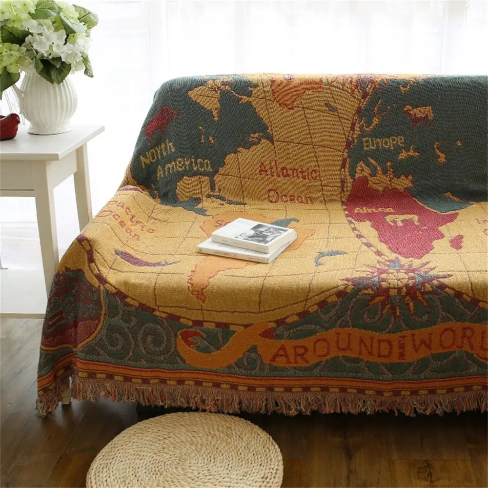 Vintage World Map Throw Blanket with Woven Cotton and Fringe Edges