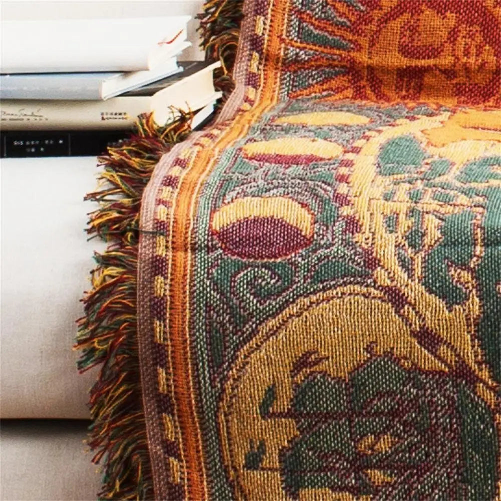 Vintage World Map Throw Blanket with Woven Cotton and Fringe Edges