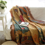 Vintage World Map Throw Blanket with Woven Cotton and Fringe Edges