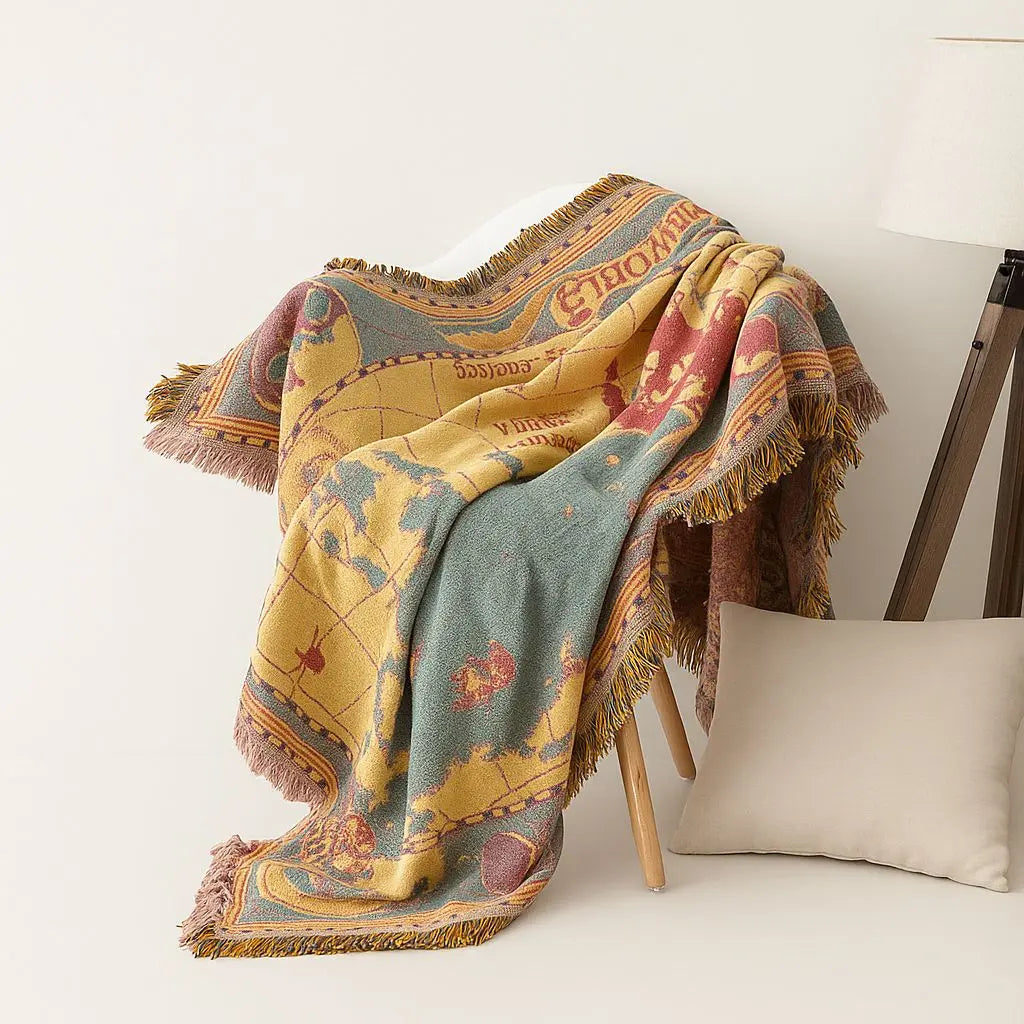 Vintage World Map Throw Blanket with Woven Cotton and Fringe Edges