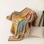 Vintage World Map Throw Blanket with Woven Cotton and Fringe Edges