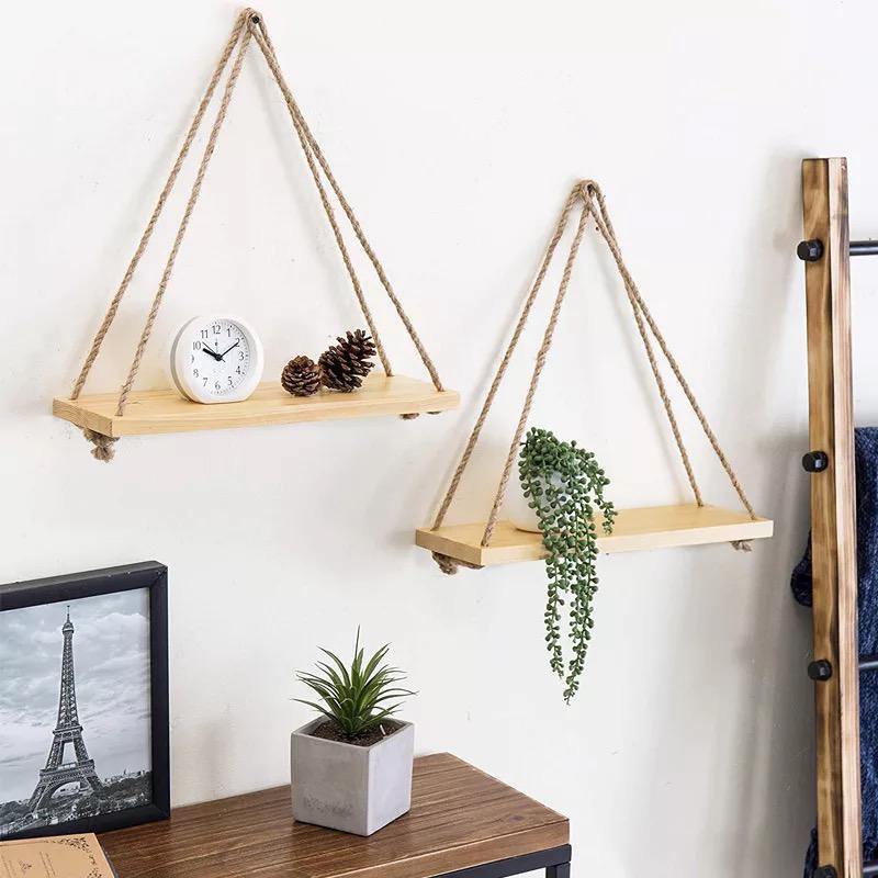 Rustic Wooden Hanging Shelf with Rope – Decorative Wall Swing Shelf