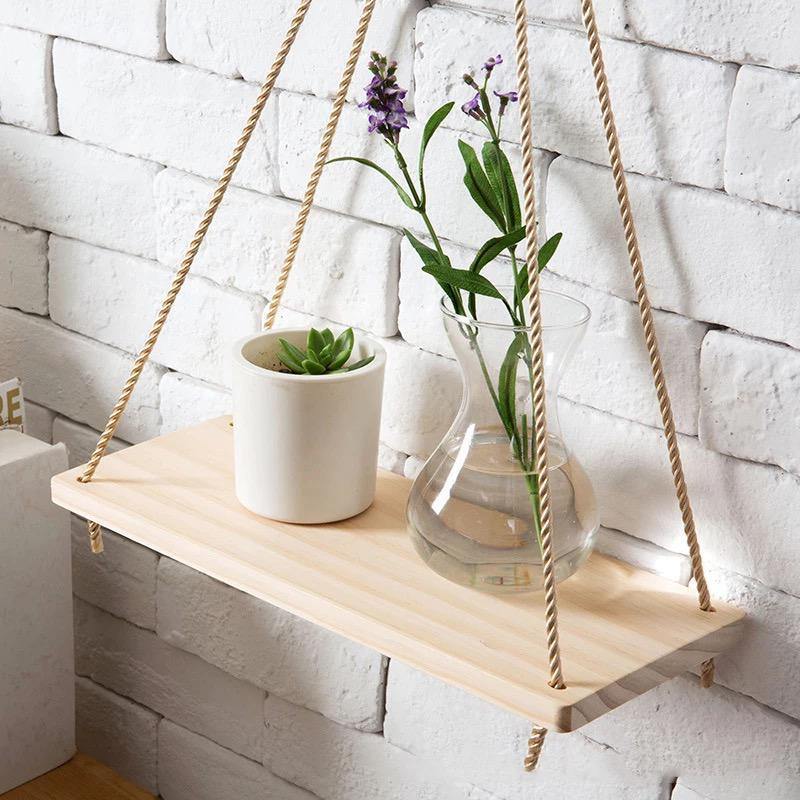 Rustic Wooden Hanging Shelf with Rope – Decorative Wall Swing Shelf