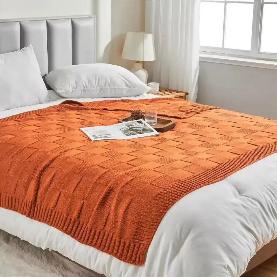 Knitted Throw Blanket with Textured Pattern and Ribbed Edges