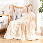 Flannel Throw Blanket with Pom Fringe and Soft Textured Design
