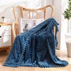 Flannel Throw Blanket with Pom Fringe and Soft Textured Design