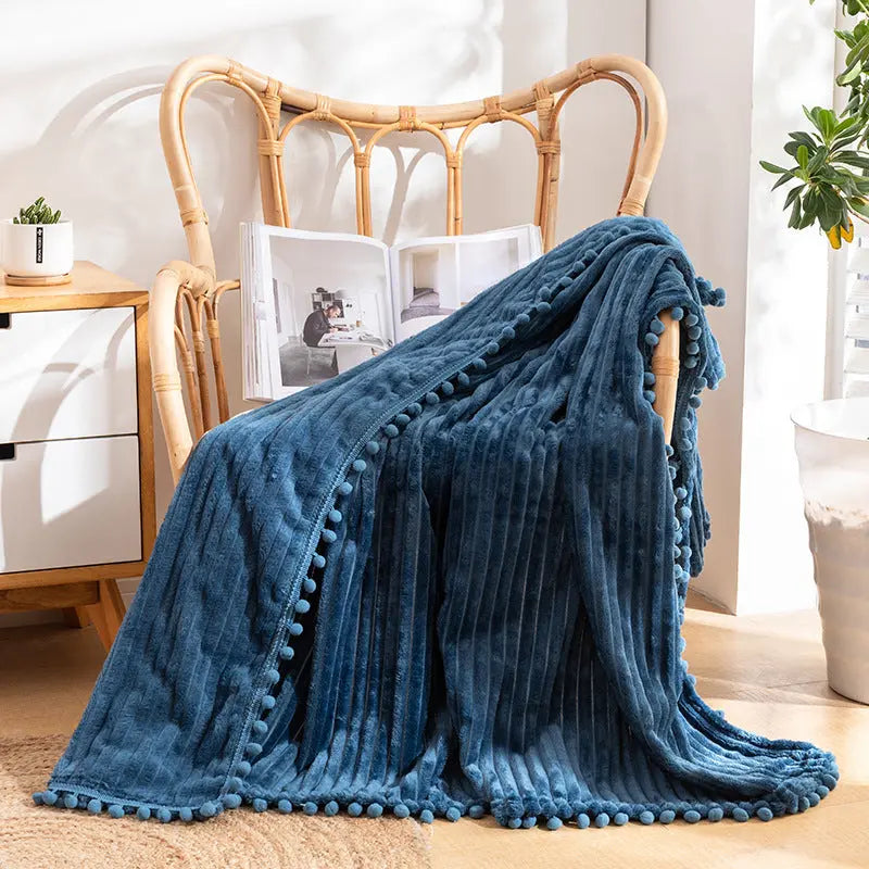 Flannel Throw Blanket with Pom Fringe and Soft Textured Design