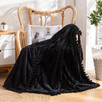 Flannel Throw Blanket with Pom Fringe and Soft Textured Design