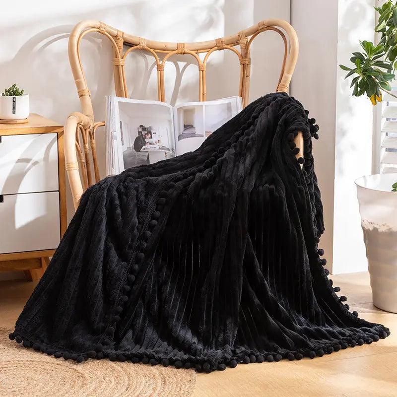 Flannel Throw Blanket with Pom Fringe and Soft Textured Design