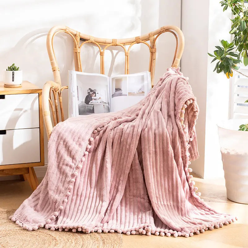 Flannel Throw Blanket with Pom Fringe and Soft Textured Design