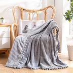 Flannel Throw Blanket with Pom Fringe and Soft Textured Design