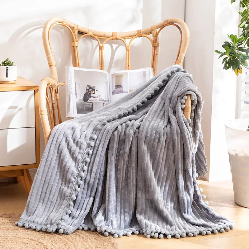 Flannel Throw Blanket with Pom Fringe and Soft Textured Design