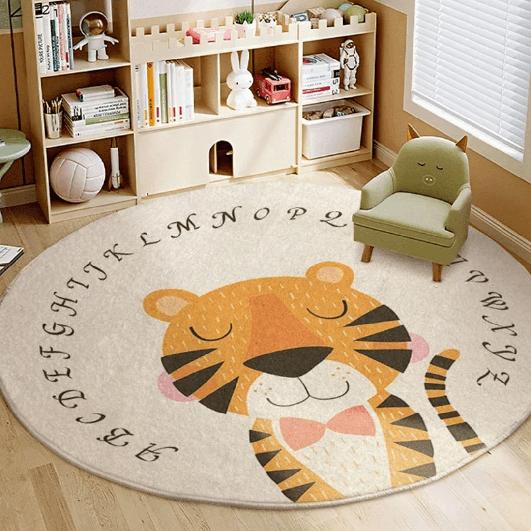 Round Kids Play Rug with Animal Design for Bedroom and Playroom