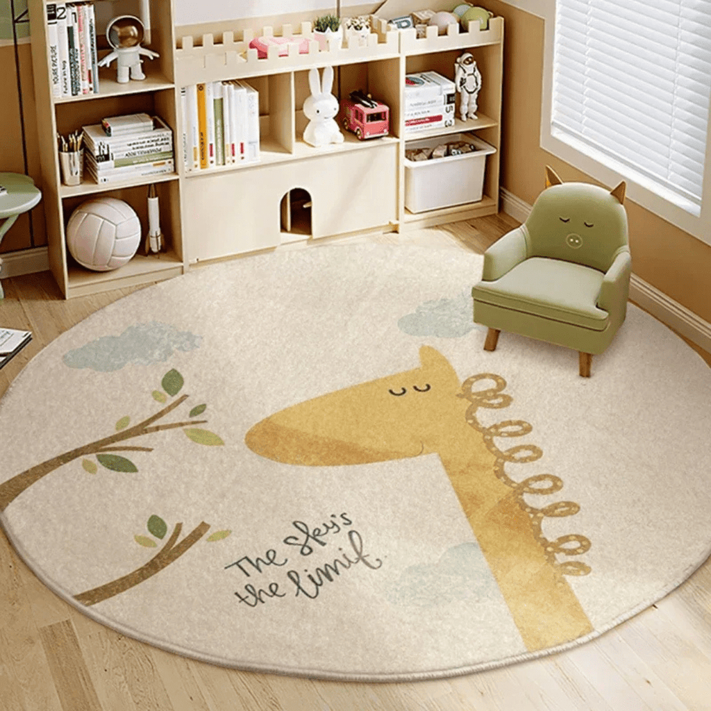 Round Kids Play Rug with Animal Design for Bedroom and Playroom
