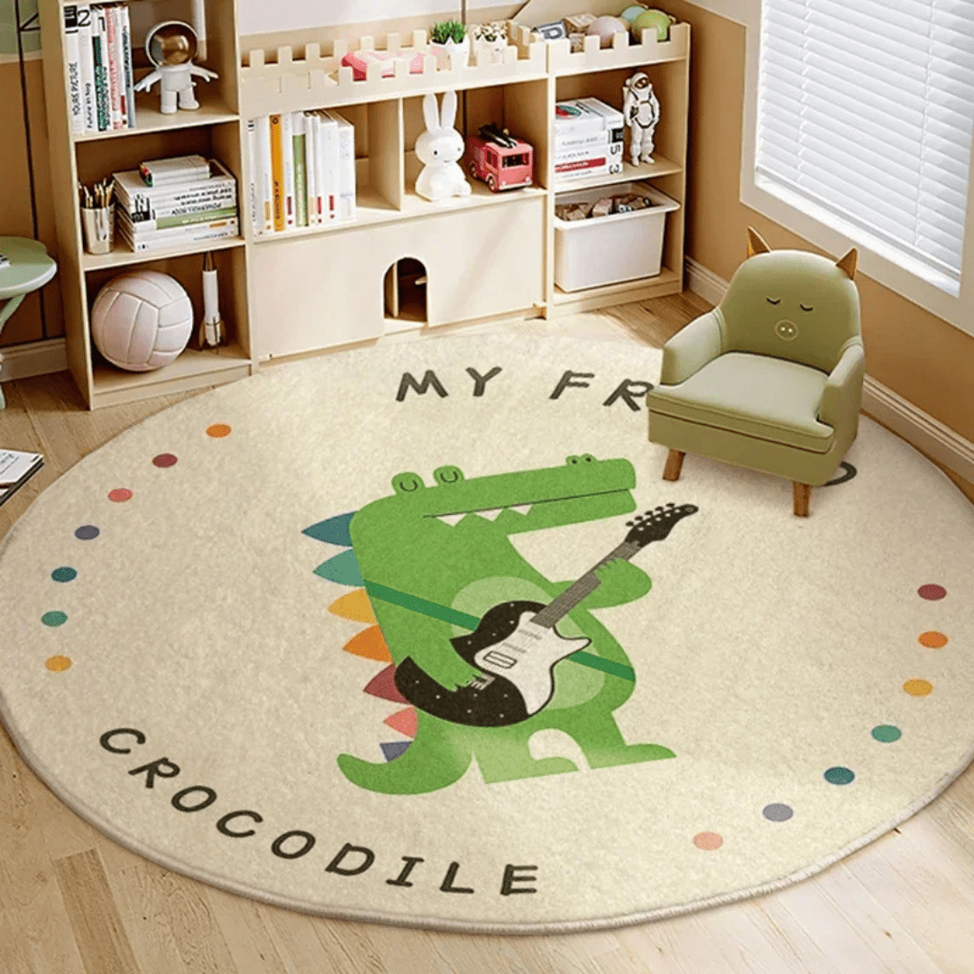 Round Kids Play Rug with Animal Design for Bedroom and Playroom
