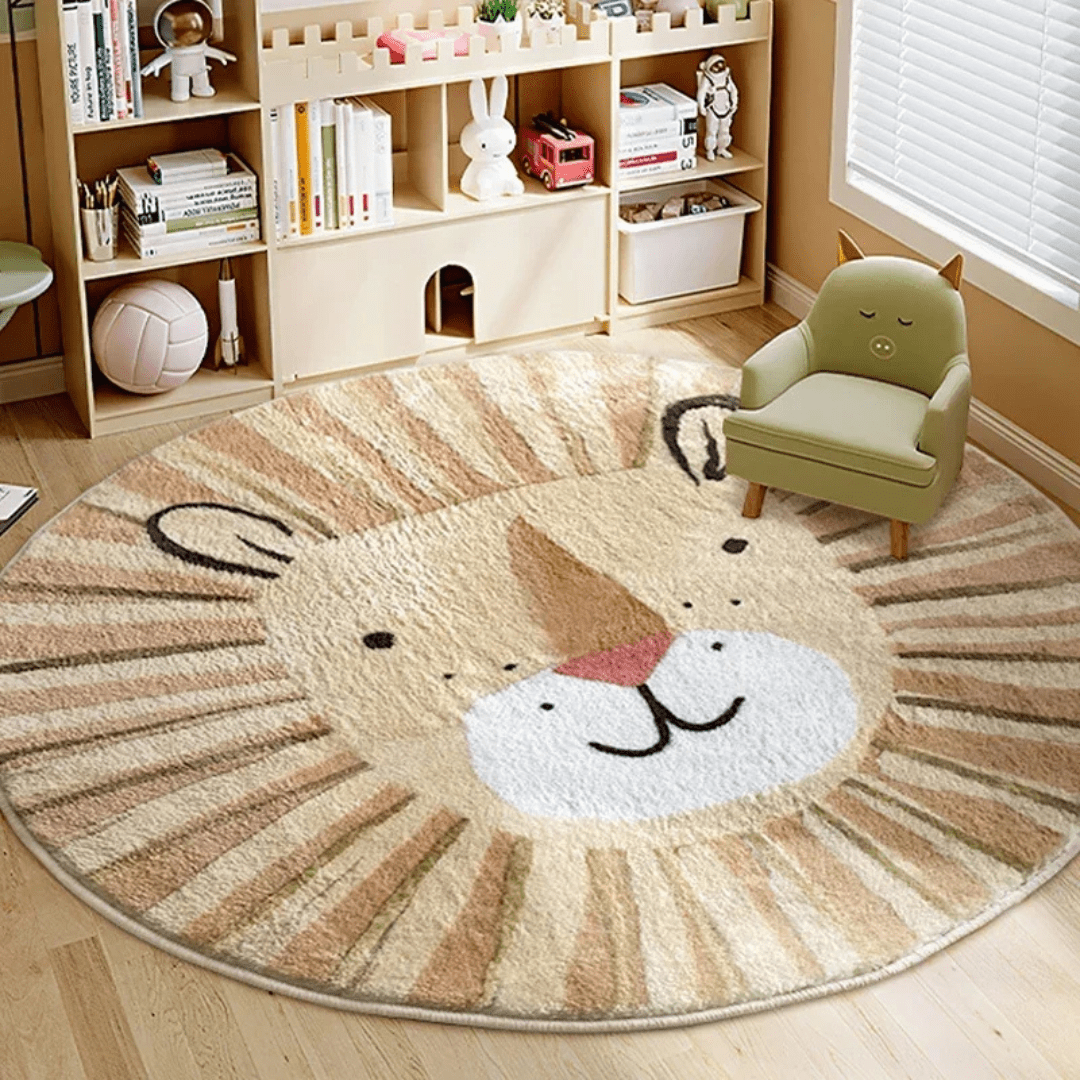 Round Kids Play Rug with Animal Design for Bedroom and Playroom