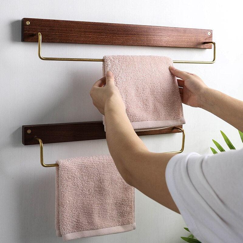 Wooden Towel Rack with Brass Bar for Wall Mounted Storage