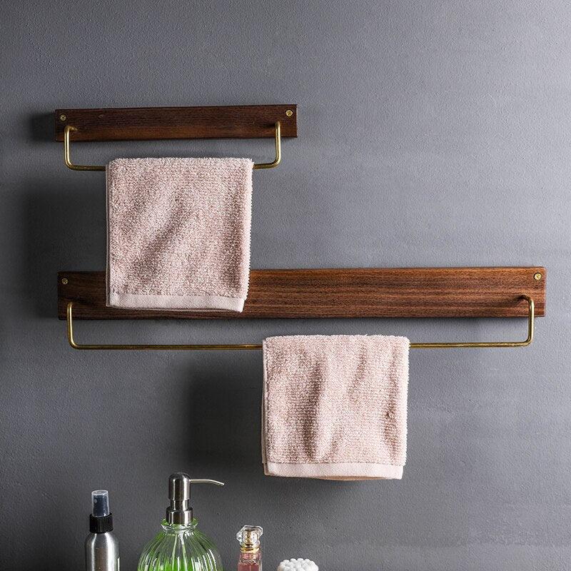 Wooden Towel Rack with Brass Bar for Wall Mounted Storage
