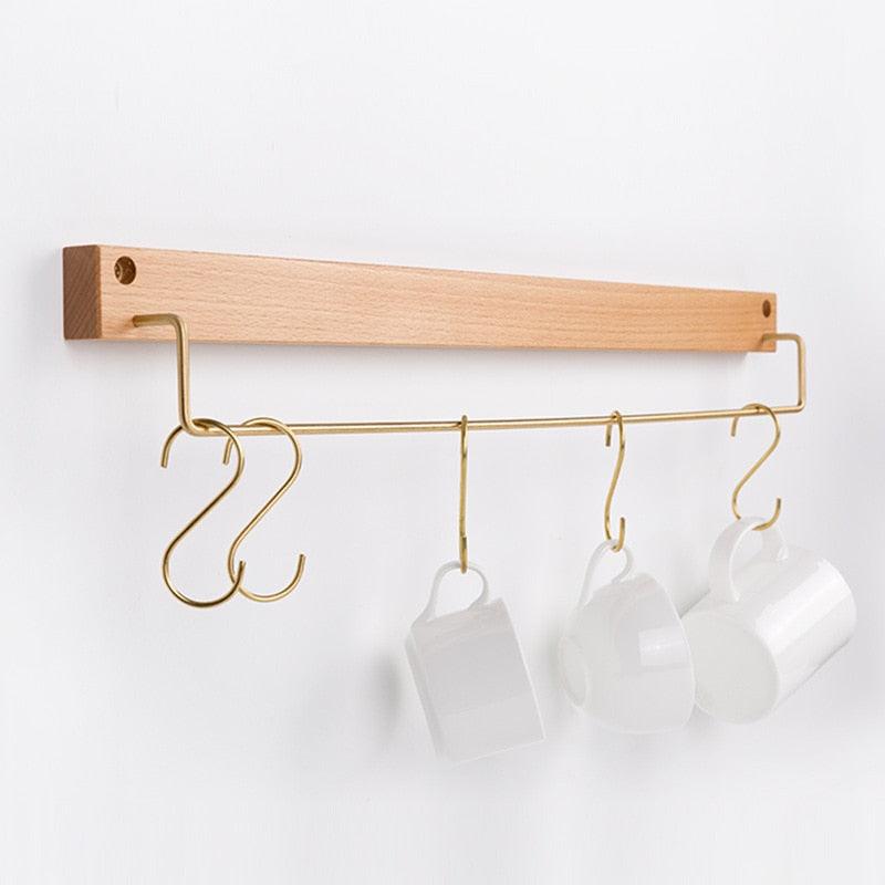 Wooden Towel Rack with Brass Bar for Wall Mounted Storage