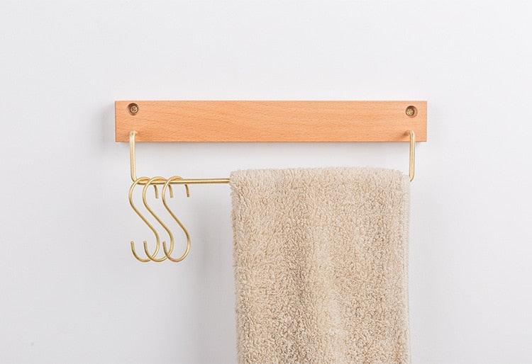 Wooden Towel Rack with Brass Bar for Wall Mounted Storage