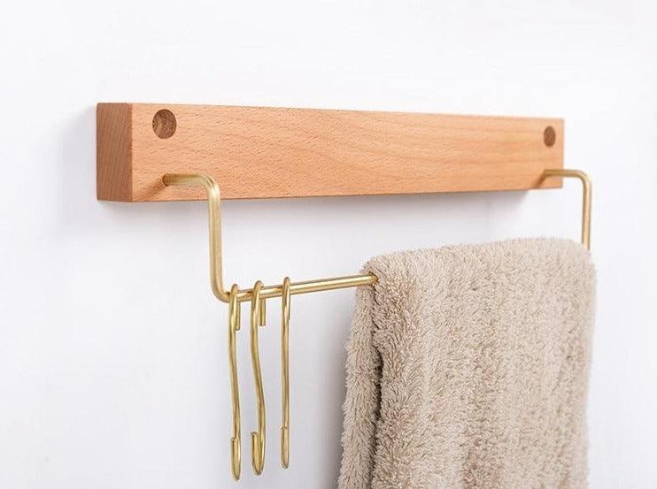 Wooden Towel Rack with Brass Bar for Wall Mounted Storage
