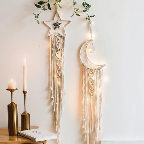 Boho Macrame Wall Hanging Set – Moon, Star & Dreamcatcher Wall Decor