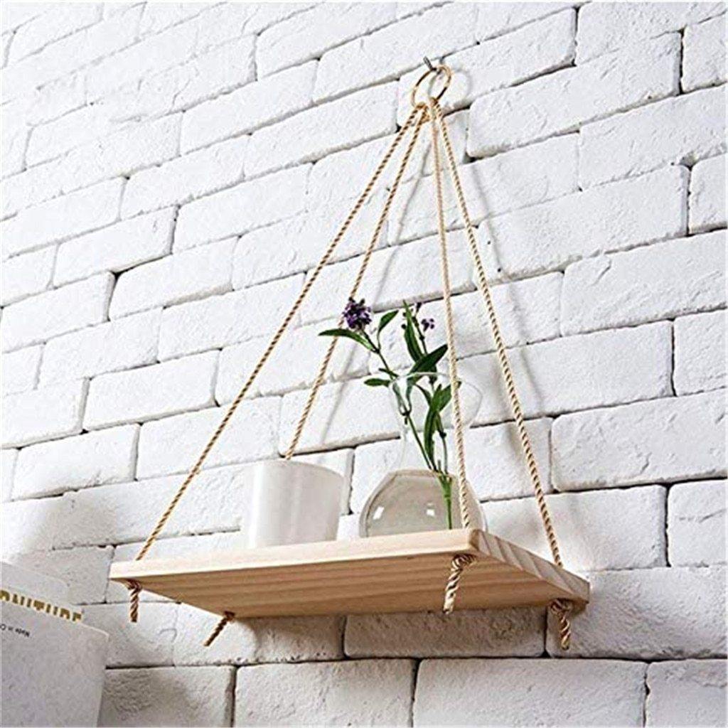Rustic Wooden Hanging Shelf with Rope – Decorative Wall Swing Shelf