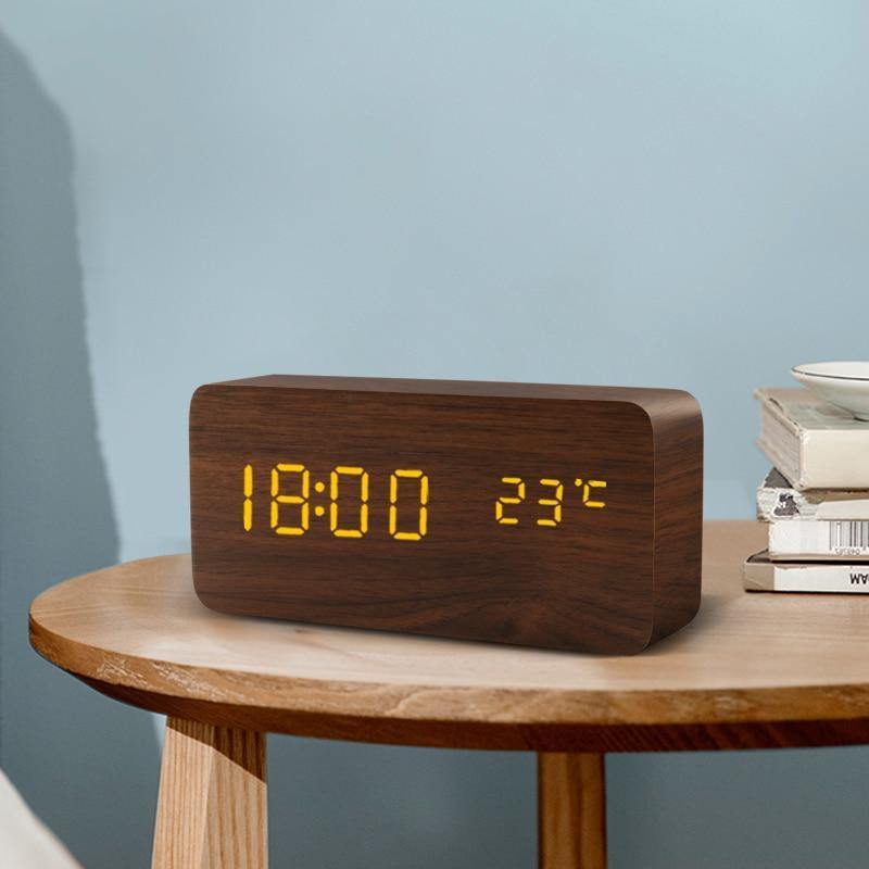 Wooden LED Digital Alarm Clock with Temperature Display and Voice Control