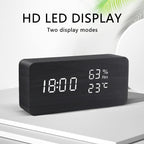 Wooden LED Digital Alarm Clock with Temperature Display and Voice Control