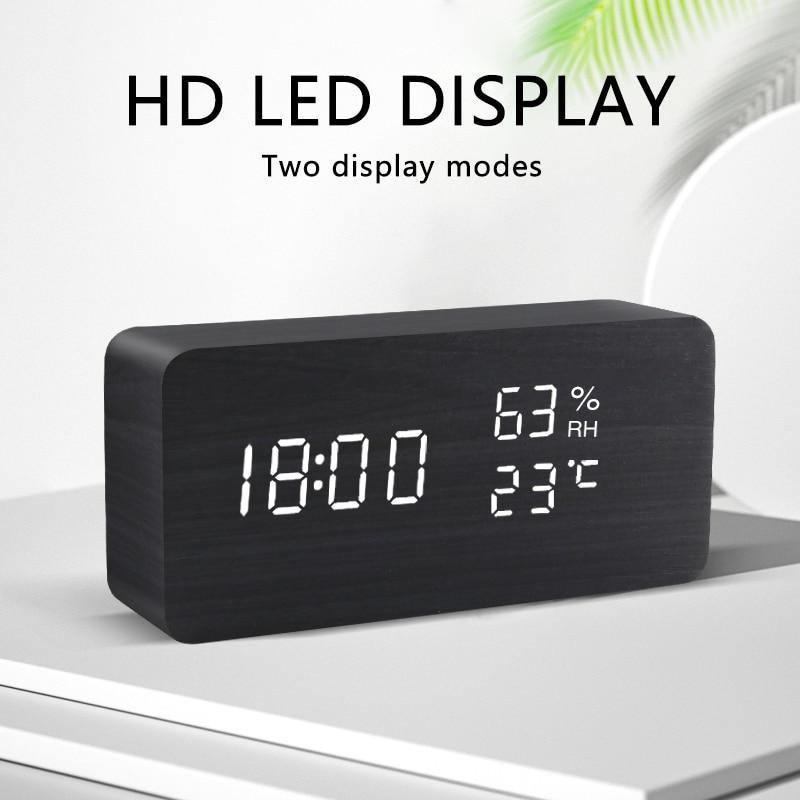 Wooden LED Digital Alarm Clock with Temperature Display and Voice Control