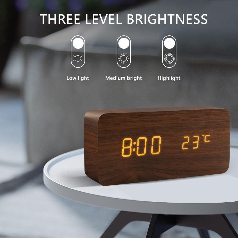 Wooden LED Digital Alarm Clock with Temperature Display and Voice Control