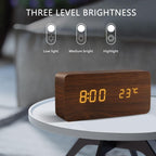 Wooden LED Digital Alarm Clock with Temperature Display and Voice Control