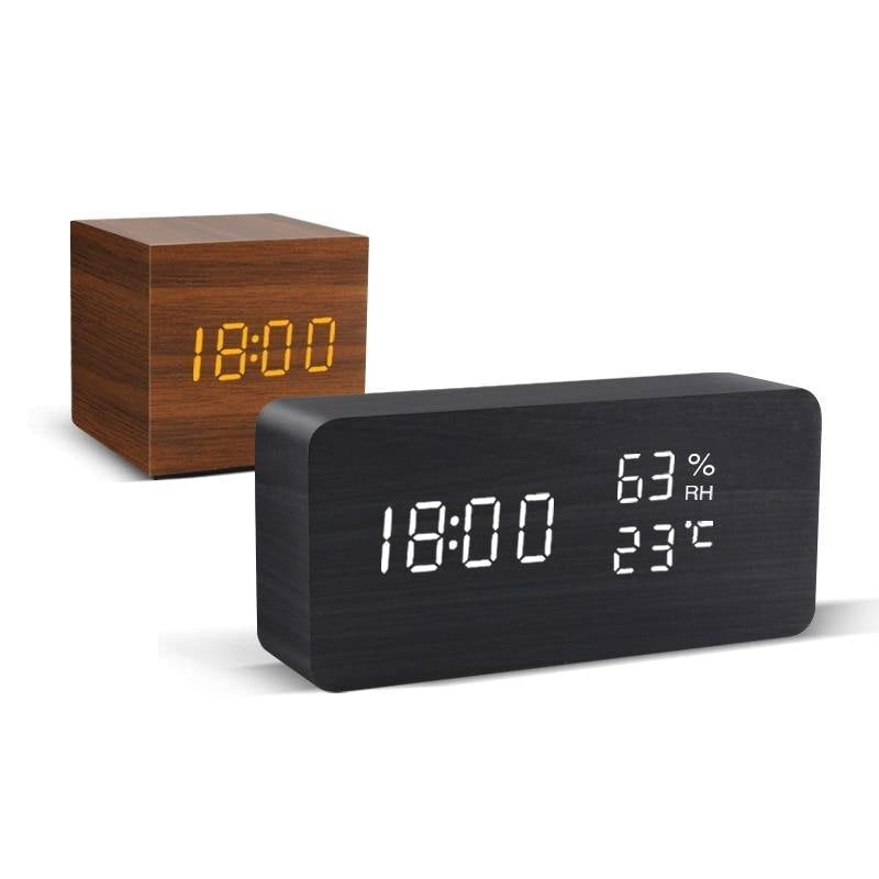 Wooden LED Digital Alarm Clock with Temperature Display and Voice Control